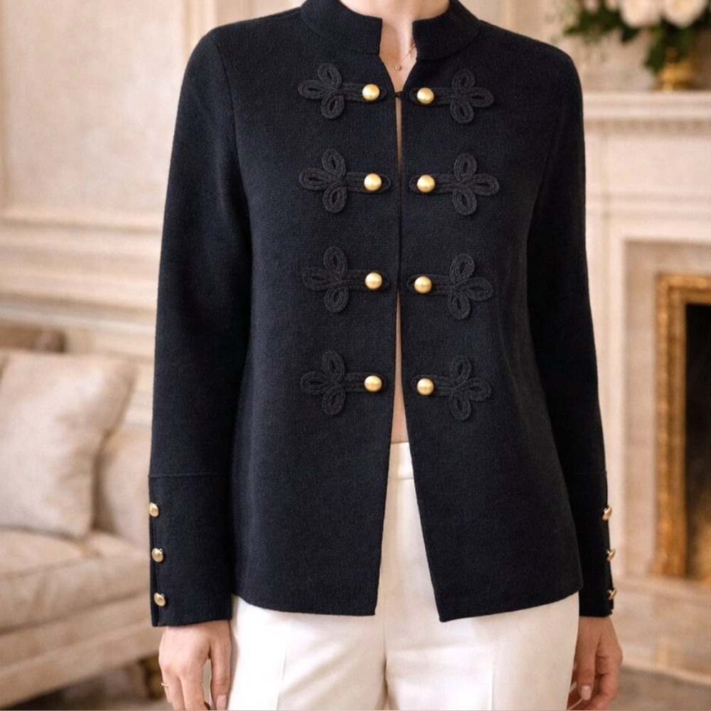 Chico’s Black Military Cardigan Gold Buttons Frog Closure Size 1 M